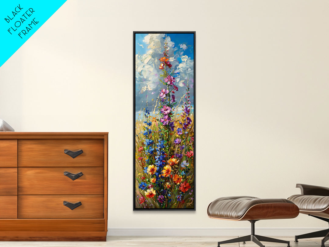 Wildfowers in Bloom Framed Canvas Print, Colorful Botanical Wall Art, Skinny Decor For Tight Spaces