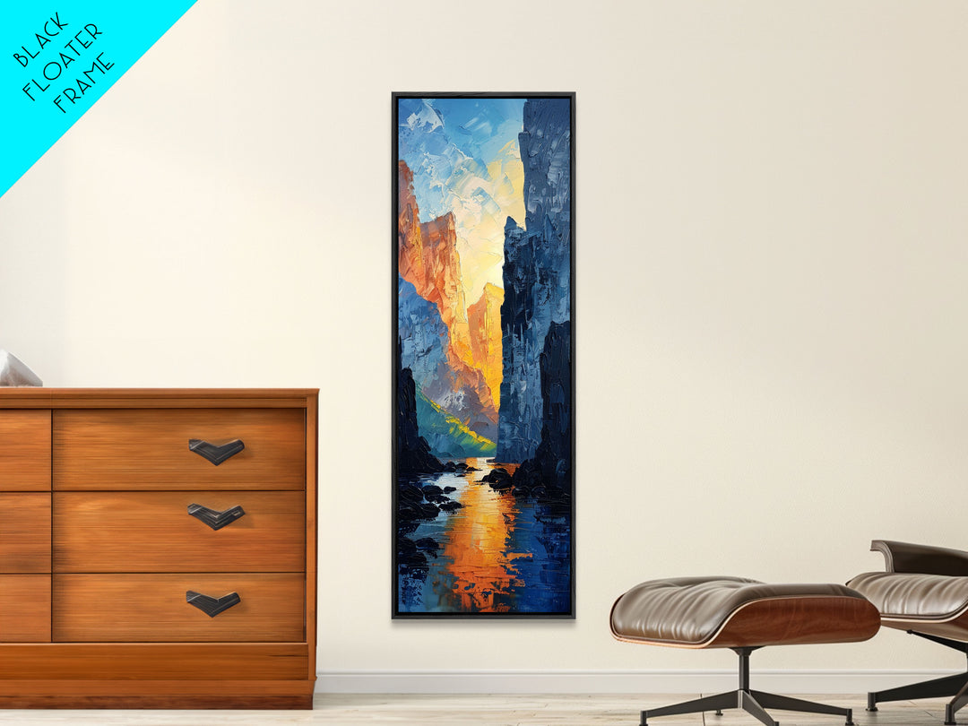 Sunset Peaks Through The Mountain Valley, Framed Canvas Print, Retro MCM Inspired Landscape Painting, Living Room Or Office Decor