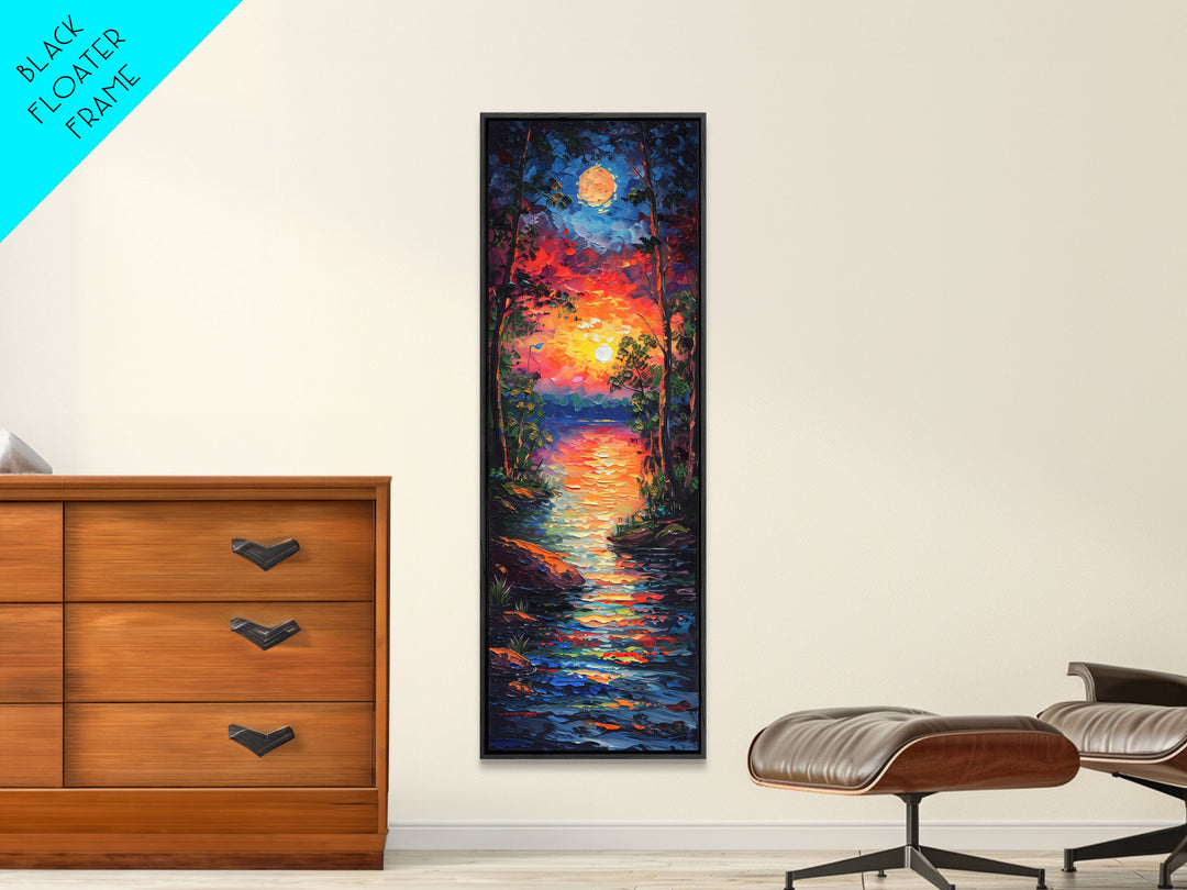 Sunset and Full Moon Over The lake Framed Canvas Print, Nature Decor, Landscape Oil Painting Print Wall Art, Skinny / Tall Art for Small Spaces