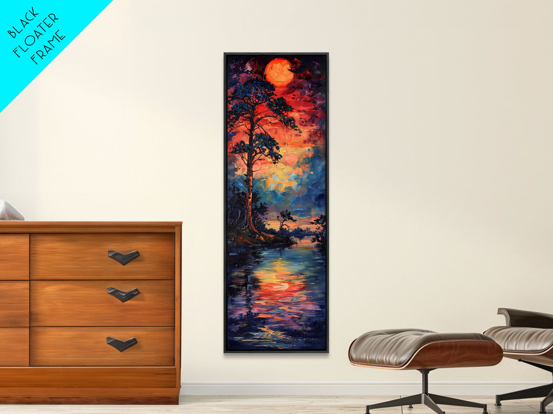 Sunset At The Lake, Framed Canvas Print, Colorful Gift Idea, Housewarming, Tall / Skinny Panoramic Painting Print, Living Room Wall Art