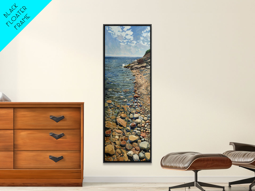 Tranquil Shoreline With Colorful Pebbles, Rustic Farmhouse Art On Framed Canvas, Minimalist Coastal Wall Art In Tall Canvas Print