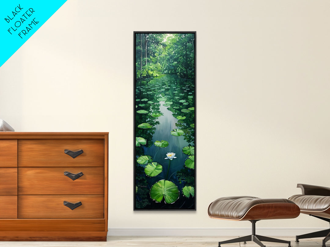 Tranquil Lily Pond Surrounded By Lush Forest, Boho And Minimalist Art For Nature Lovers, Farmhouse Wall Art In Tall Canvas Print