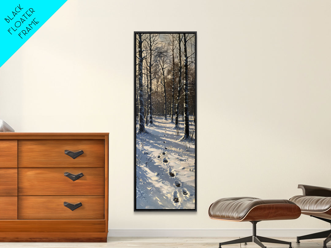 Snowy Forest Path With Footprints, Winter Scene In Farmhouse Style, Tall Canvas Print For Rustic Boho Wall Art