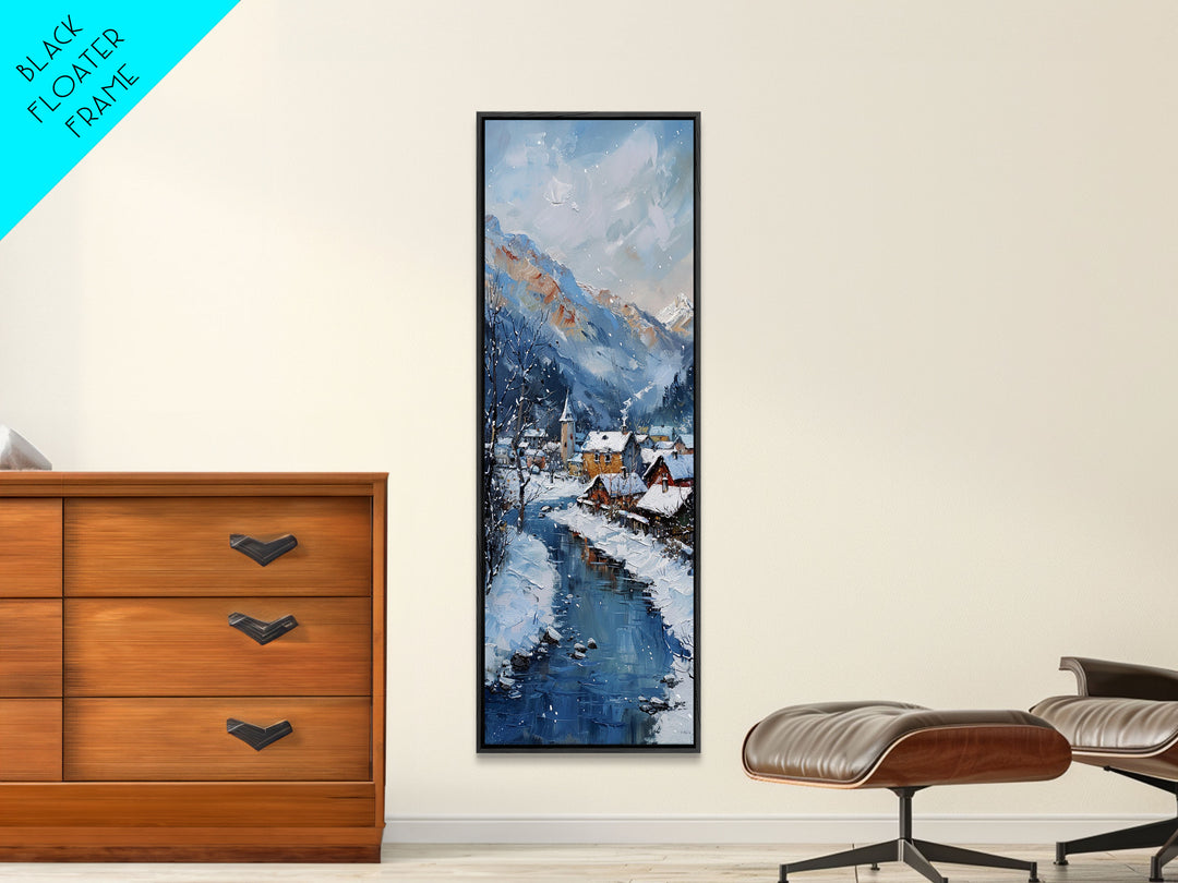 Tranquil Winter Village Scene Snowy River Minimalist Farmhouse Art Framed Canvas Print Tall Art Ukiyo-e Japanese Style Art