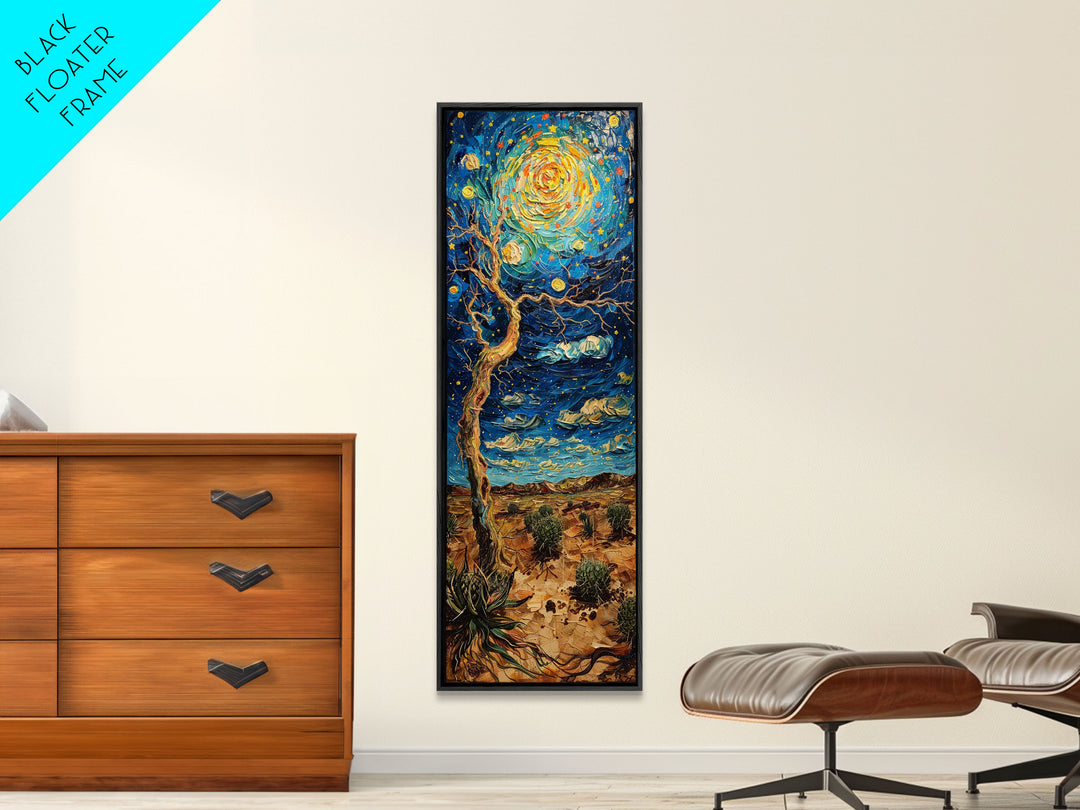 Vibrant Night Sky Desert Tree Whimsical Boho Starry Landscape Framed Canvas Print Tall Art Japanese Style Art