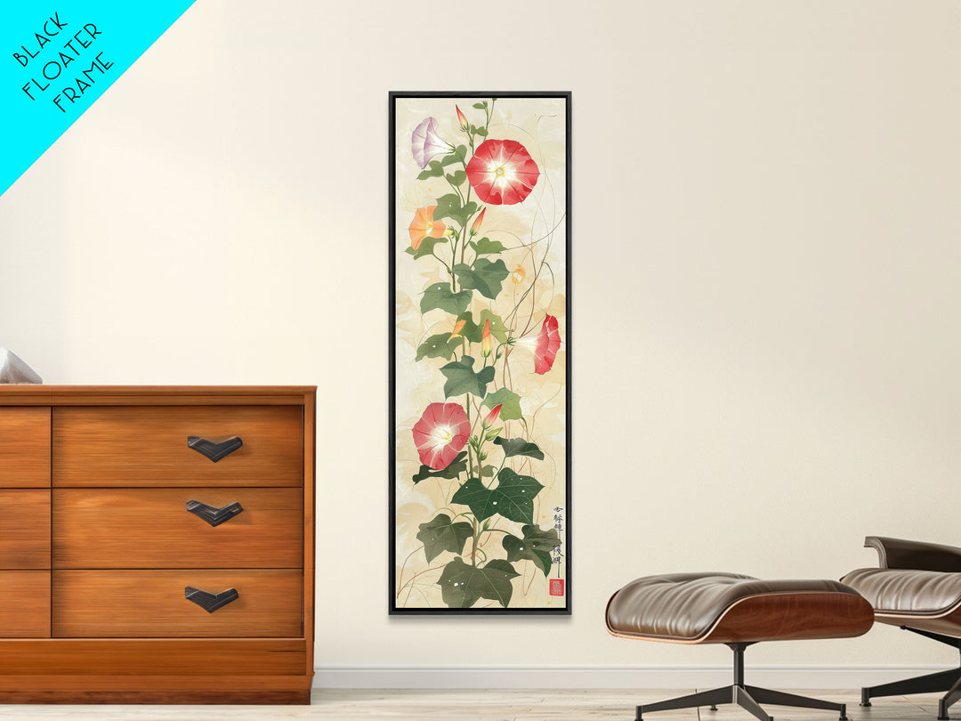 Vibrant Morning Glories Bloom Skinny Art Tall Art Japanese Ukiyo-e Inspired Floral Print Framed Canvas Wall Art