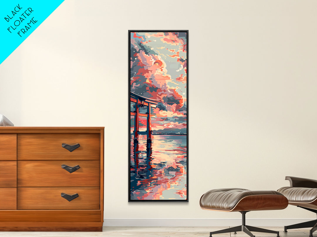 Tranquil Torii Gate Skinny Art Tall Art Japanese Ukiyo-e Inspired Spiritual Landscape Framed Canvas Print