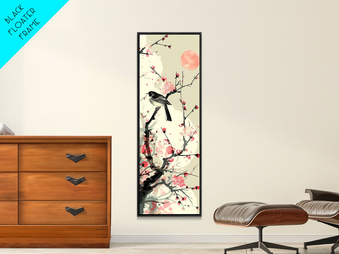 Songbird on Cherry Blossom Skinny Art Tall Art Japanese Ukiyo-e Inspired Bird and Nature Framed Canvas Print