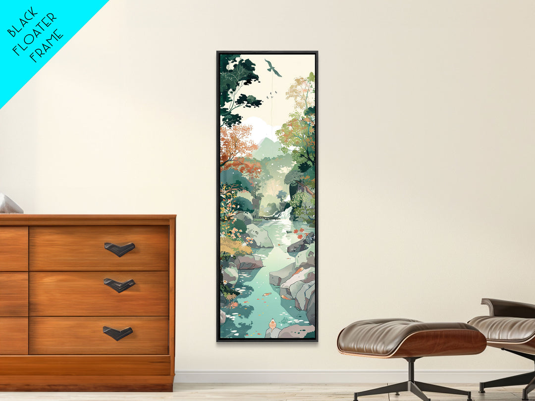 Tranquil Mountain Stream Surrounded by Autumn Leaves on Tall Vertical Japanese-Inspired Canvas Print for Nature Lovers