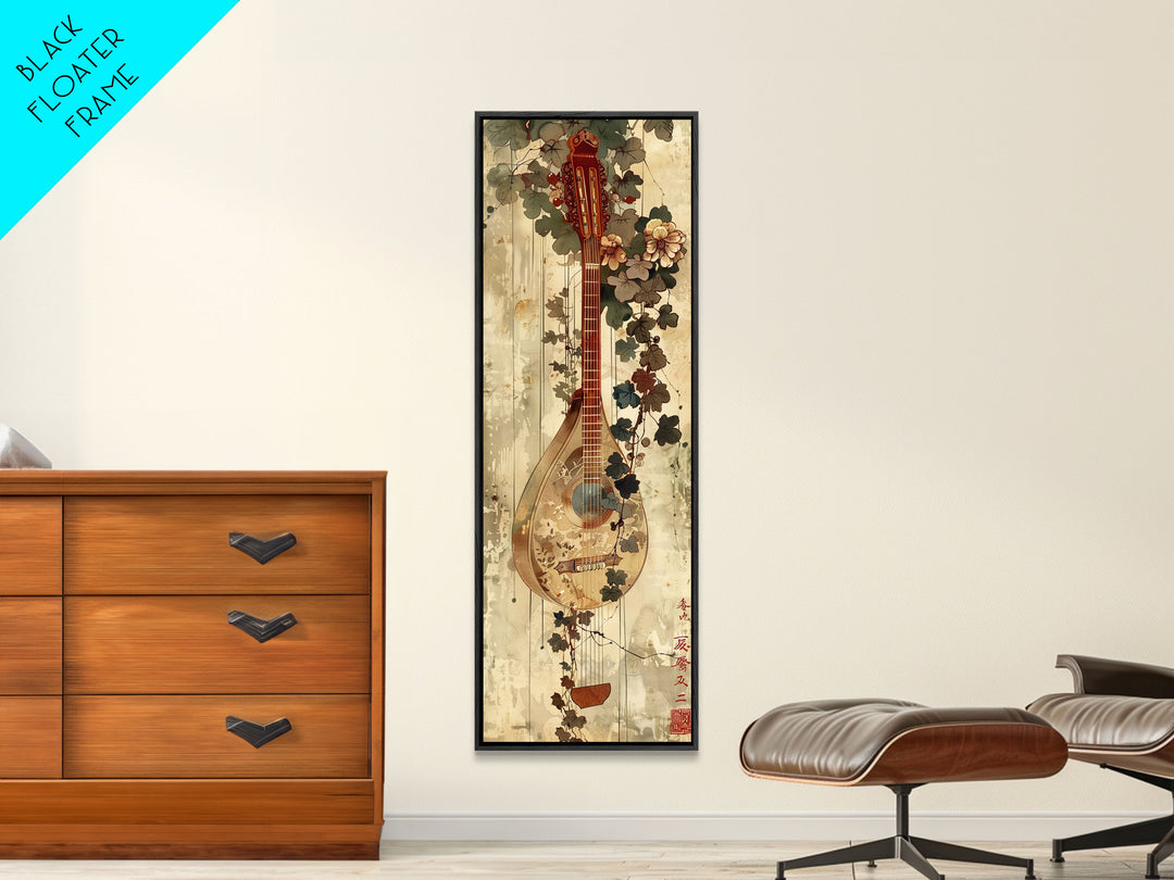 Vintage Mandolin, Autumn Foliage, Japanese Art, Skinny Art, Tall Art, Framed Canvas Print, Ukiyo-e Style