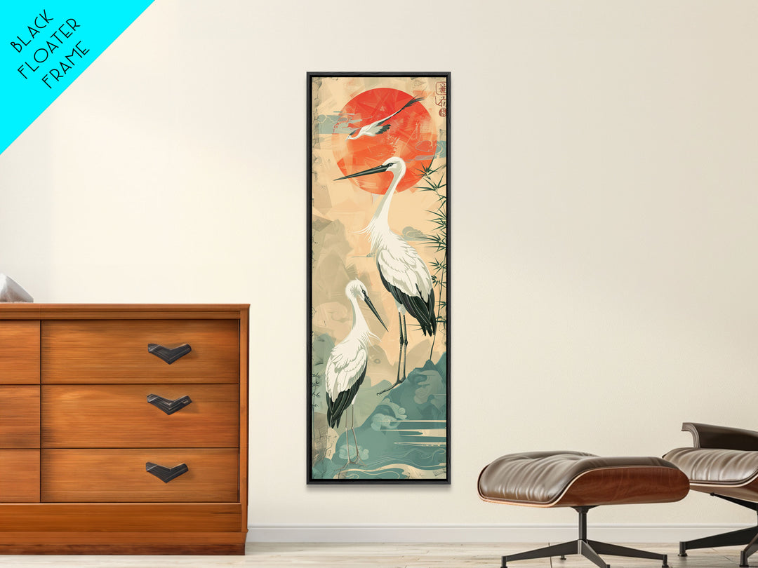 Tall Japanese Cranes Under a Vibrant Red Sun Ukiyo-e Art Skinny Framed Canvas Print Traditional Japanese Nature Scene