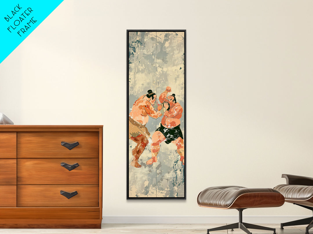 Sumo Wrestlers in Action Skinny Ukiyo-e Art Tall Framed Canvas Print with Japanese Cultural Heritage