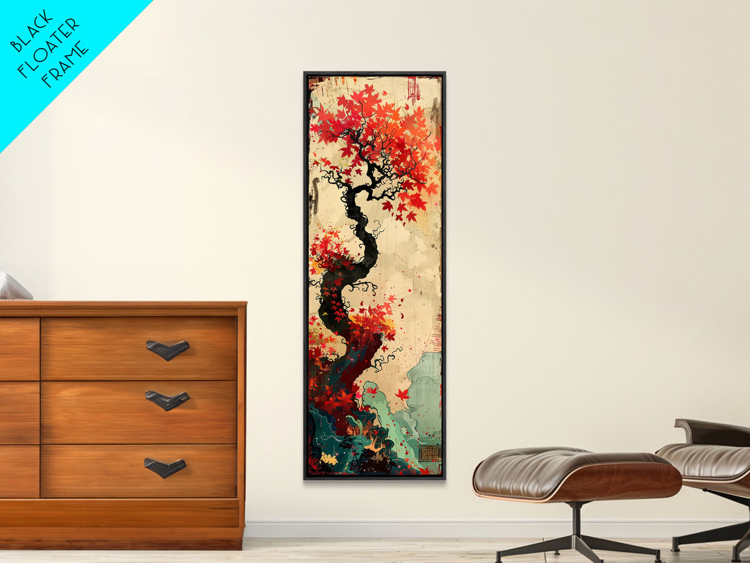 Twisted Tree with Red Maple Leaves Skinny Art Ukiyo-e Japanese Framed Canvas Print in Autumn Colors