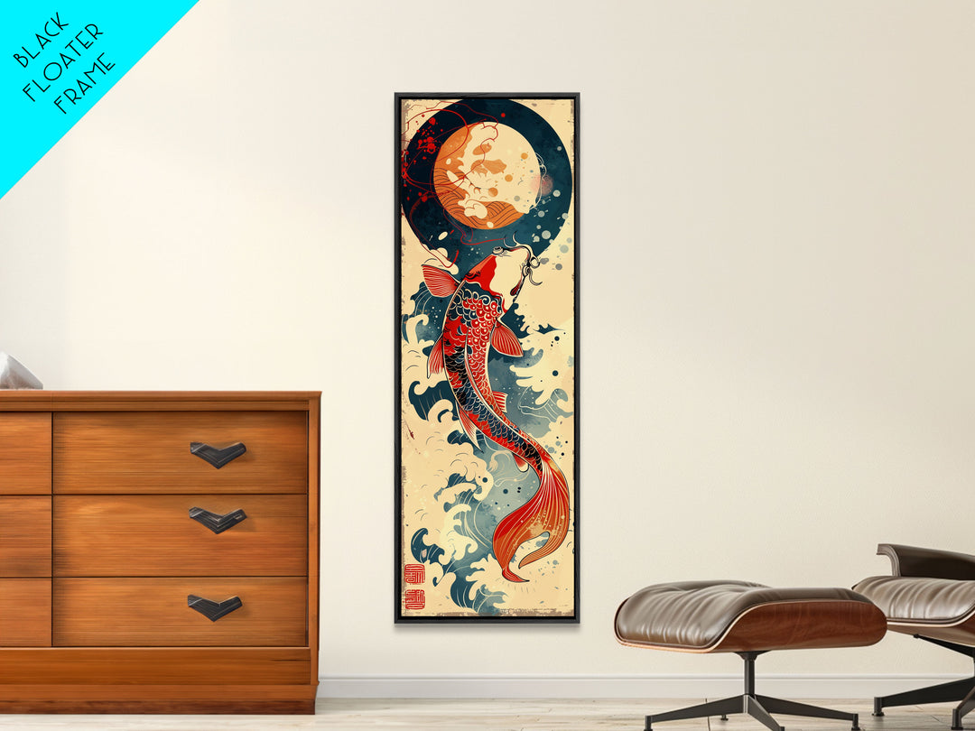 Vibrant Koi Fish Swimming Toward the Moon Skinny Art Ukiyo-e Tall Framed Canvas Print with Japanese Mythology Elements