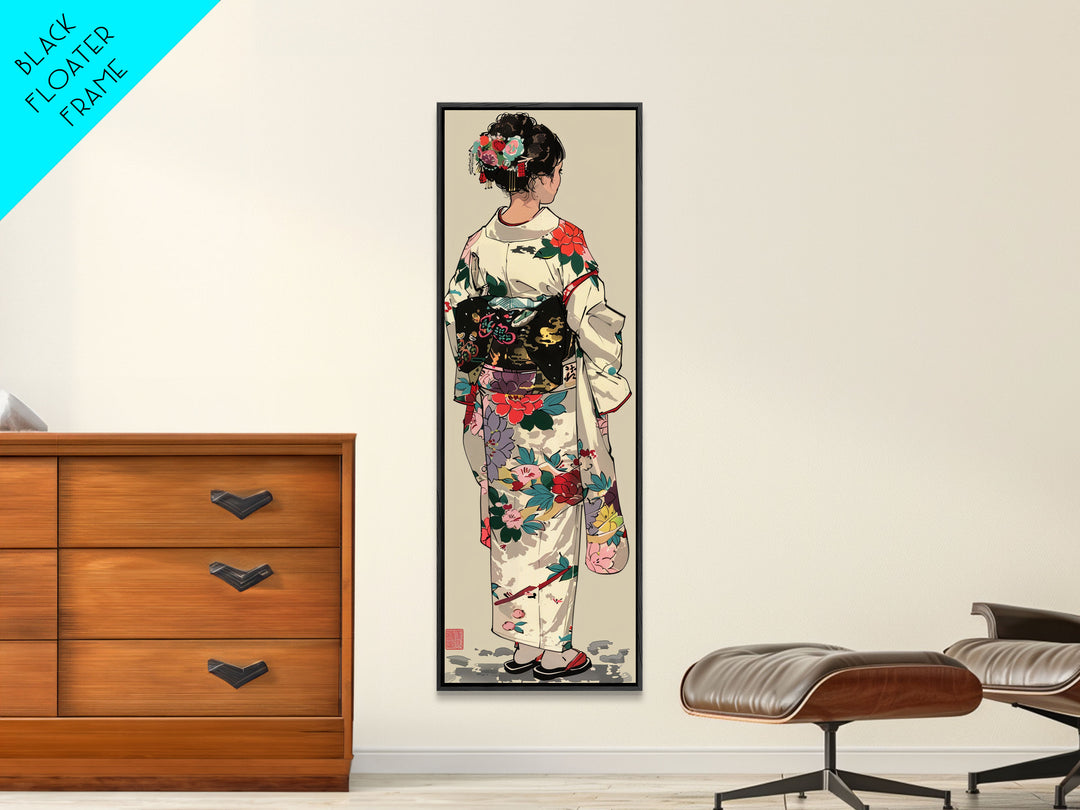 Skinny Art Traditional Kimono In Japanese Style Wood Block Print Intricate Floral Pattern On Framed Canvas Print, Tall Art Ukiyo-e