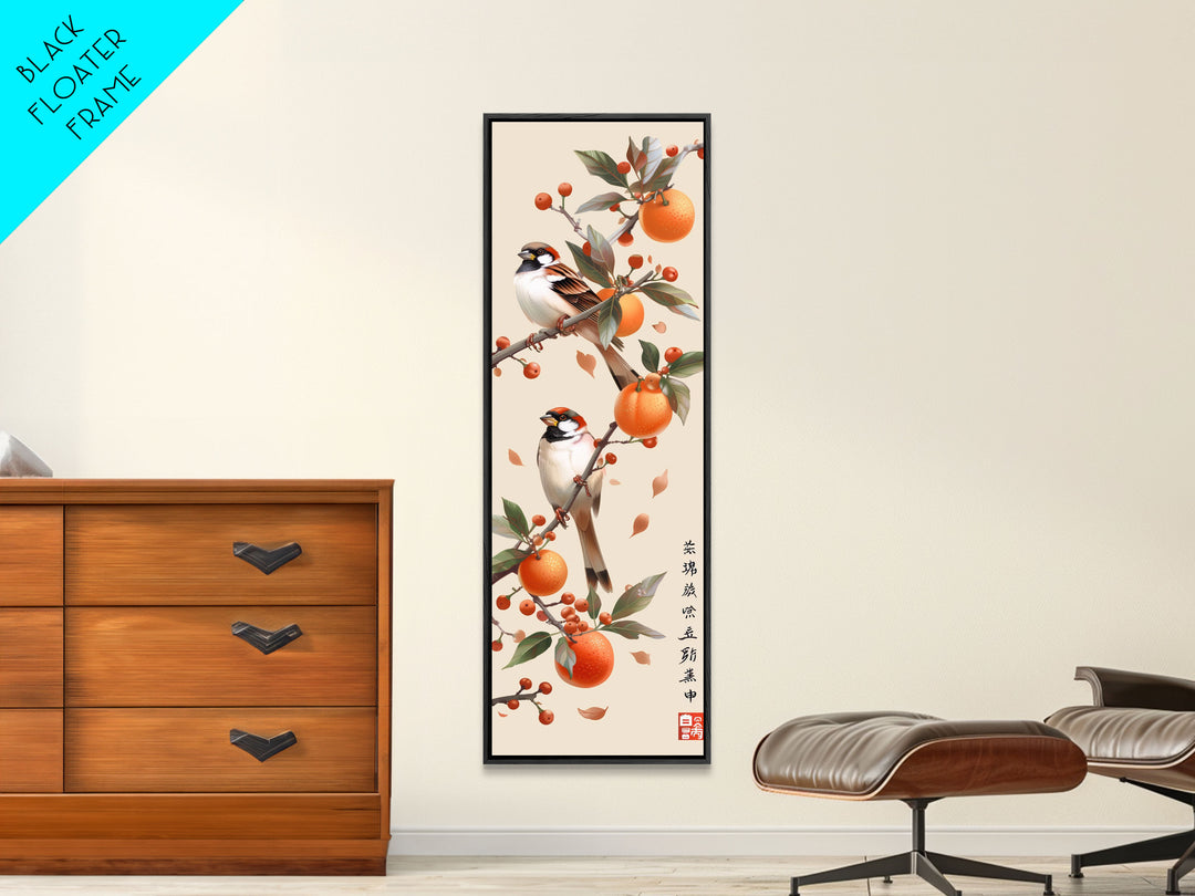 Skinny Art Tall Art Framed Canvas Print Wood Block Print Of Elegant Bird Perched On Branch Amidst Orange Fruits Ukiyo-e Japanese Style Art