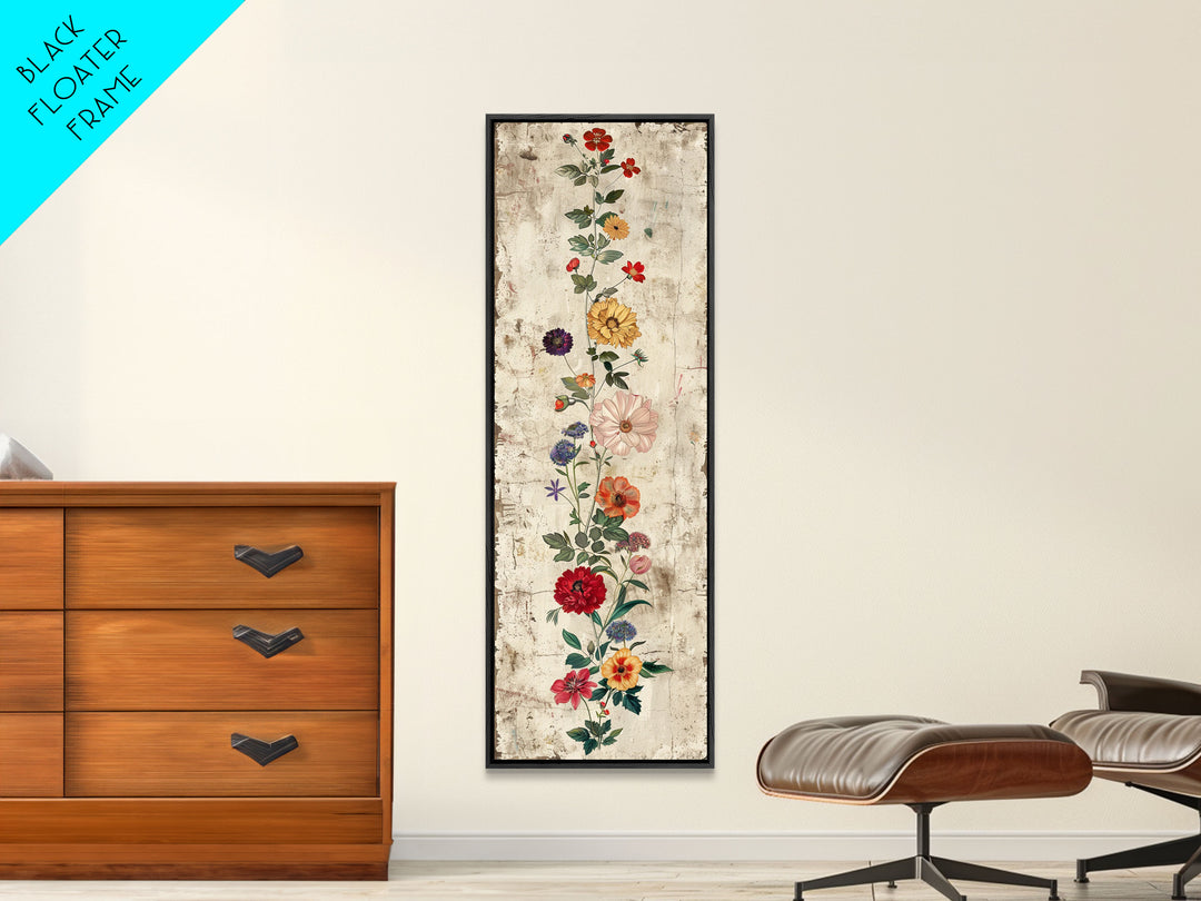 Skinny Art Tall Art Framed Canvas Print Vintage Style Floral Art With Mixed Blossoms On A Rustic Background Ukiyo-e Japanese Style Art