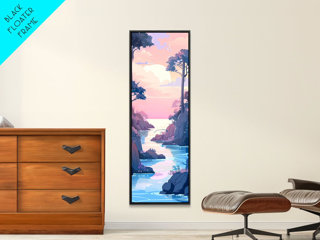 Skinny Art Tall Art Framed Canvas Print Serene Coastal Landscape At Dusk With Soft Pastel Colors Ukiyo-e Japanese Style Art