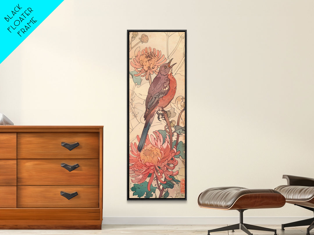 Singing Bird Amid Chrysanthemums Soft Pastels Skinny Art Tall Art Framed Canvas Print Japanese Style Art Ukiyo-e Art Wood Block Print Floral