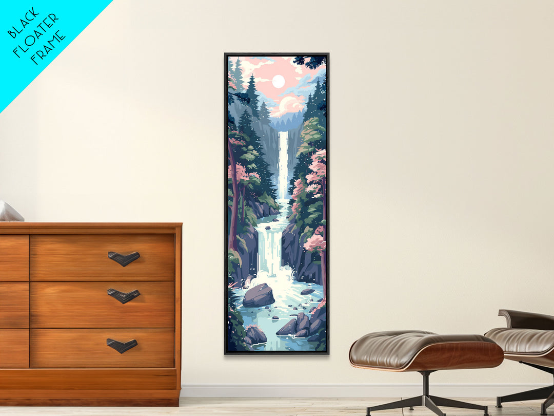 Waterfall Through Rocky Cliff Surrounded By Pine Trees Tall Art Skinny Art Framed Canvas Print Japanese Style Art Ukiyo-e Wood Block Print