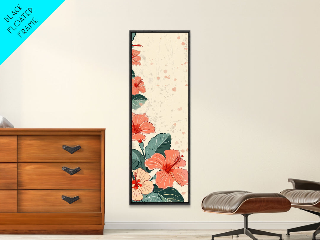 Soft Hibiscus Flowers In Delicate Shades Skinny Art Tall Art Framed Canvas Print Japanese Style Art Ukiyo-e Art Wood Block Print Floral Decorative