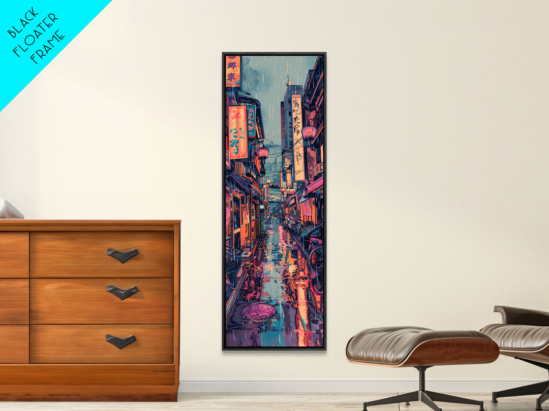 Vibrant Cityscape With Colorful Street Signs Skinny Art Tall Art Framed Canvas Print Japanese Style Art Ukiyo-e Art Wood Block Print Urban Energetic