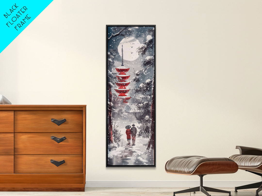 Snowy Pathway Leading To Red Pagoda Skinny Art Tall Art Framed Canvas Print Japanese Style Art Ukiyo-e Art Wood Block Print Seasonal Tranquil