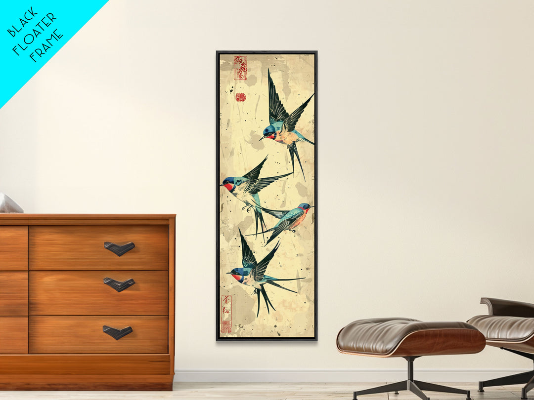 Trio Of Swallows In Flight Against A Vintage Beige Background, Skinny Art Tall Wall Art Framed Canvas Print Japanese Style Art