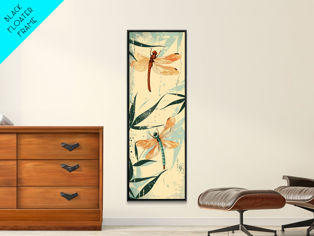 Two Dragonflies With Detailed Wings Hovering Near Bamboo, Skinny Art Tall Wall Art Framed Canvas Print Japanese Style Art