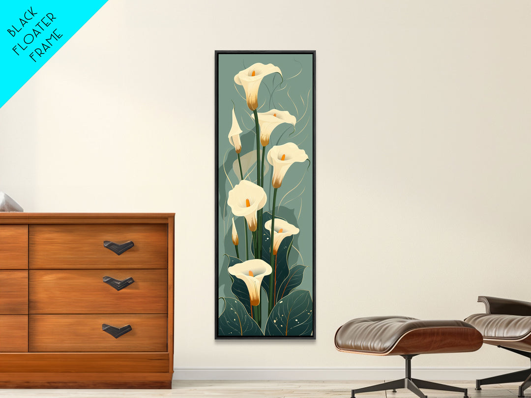 White Calla Lilies on Green Background, Tall Framed Canvas Print in Japanese Ukiyo-e Style Wall Art