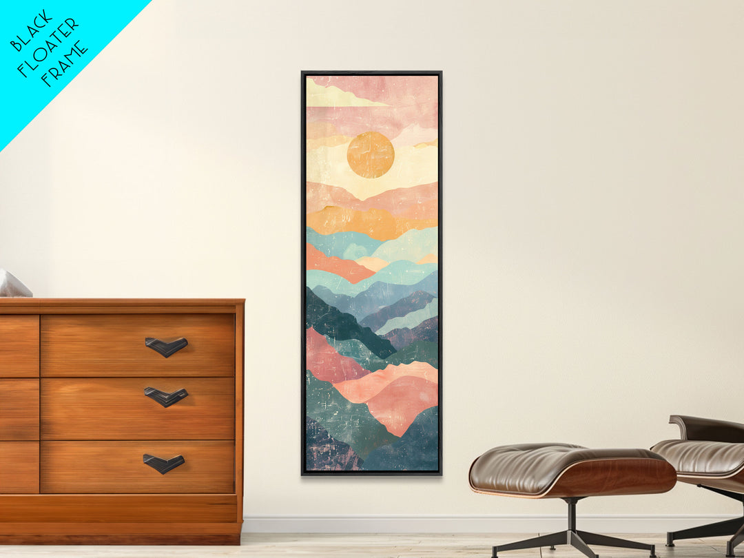 Abstract Sunset Over Rolling Hills, Japanese Art-Inspired Tall Framed Canvas Print for Wall Art