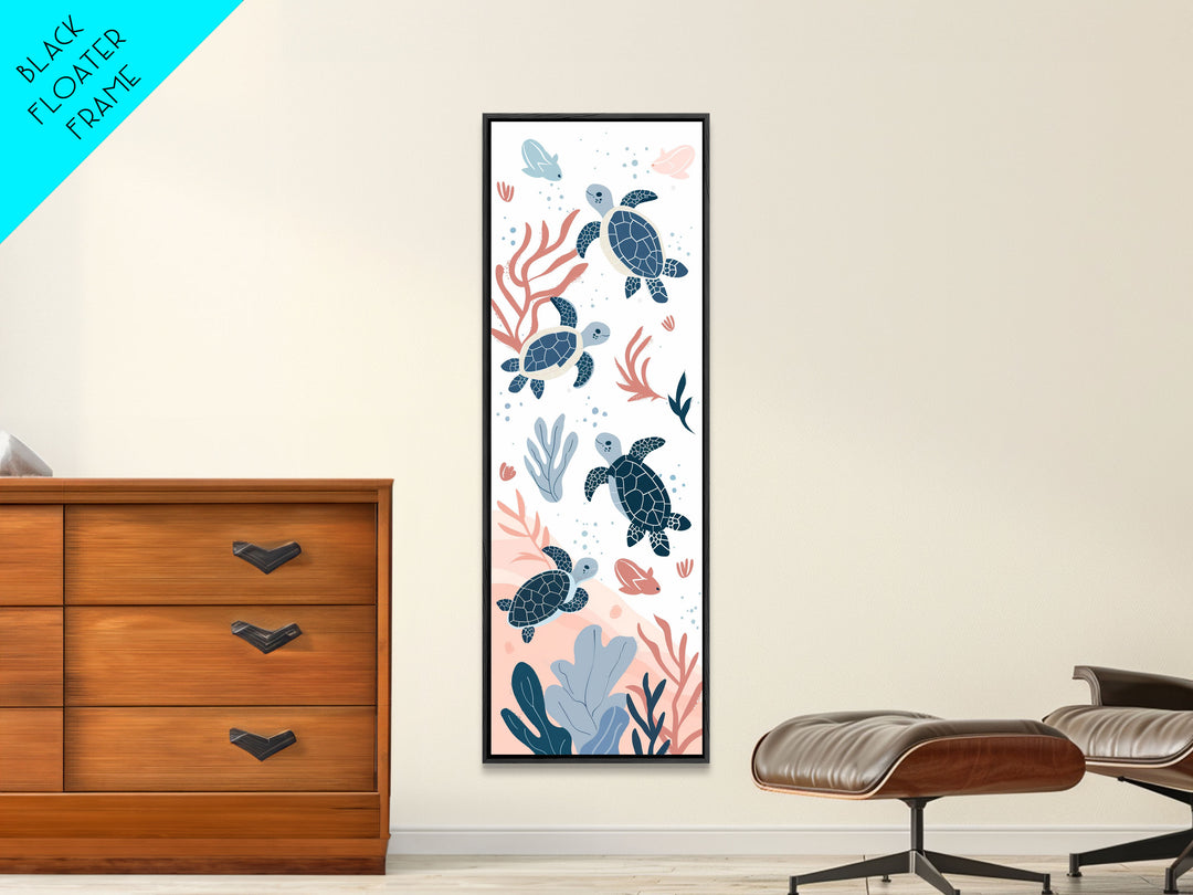 Swimming Sea Turtles with Coral, Tall Framed Canvas Print in Japanese Ukiyo-e Style Wall Art