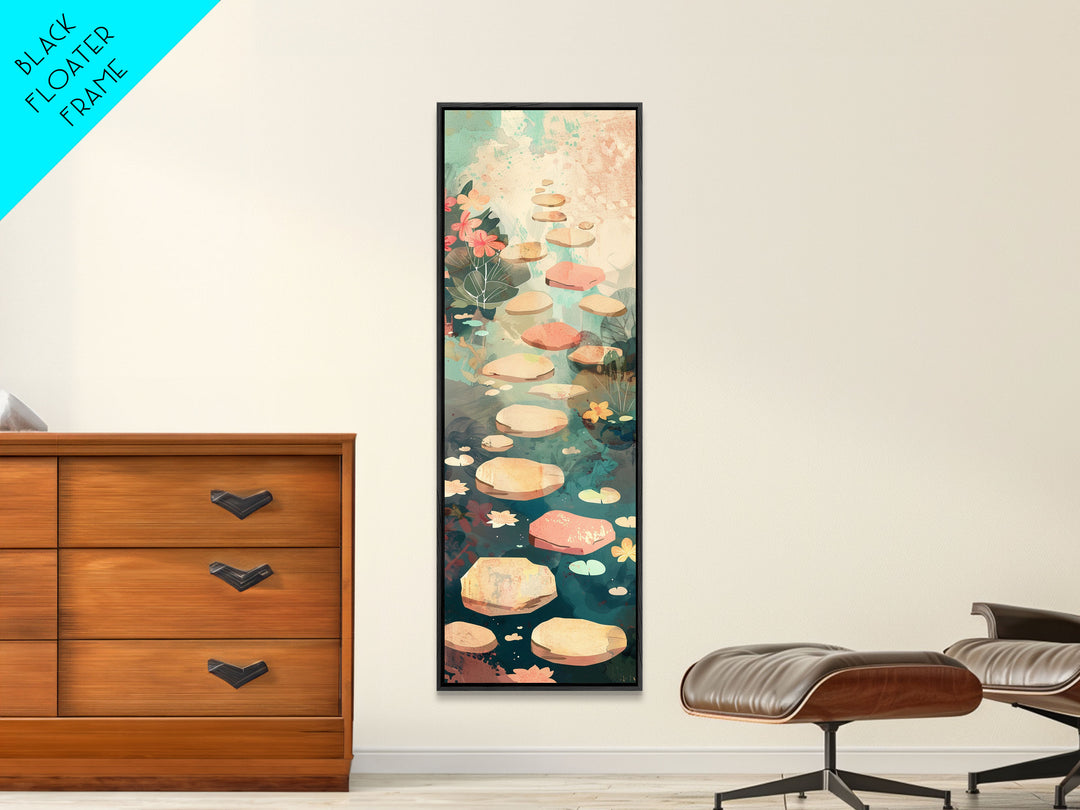 Stepping Stones In Japanese Garden Tranquil Path Art On Framed Canvas Print In Ukiyo-e Style Tall Skinny Wood Block Wall Decor