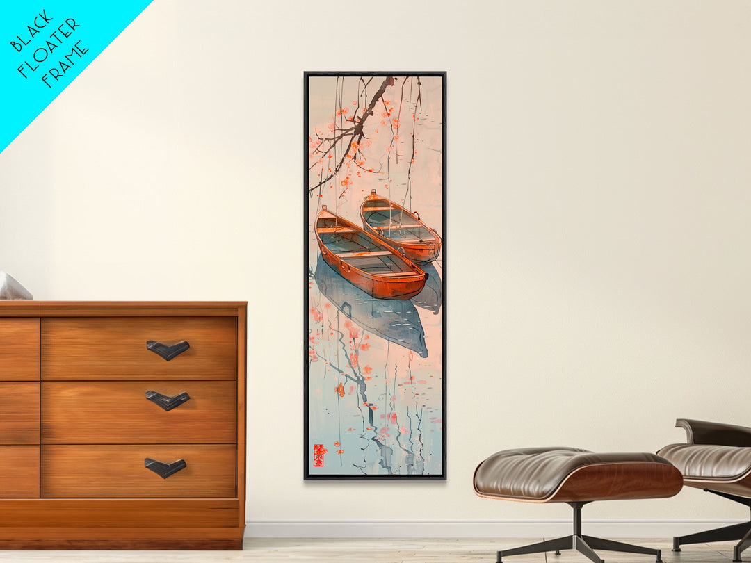 Two Wooden Boats Water Cherry Blossoms Reflected Japanese Style Tall Wall Art Skinny Framed Canvas Print