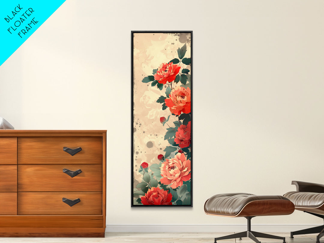 Vibrant Peonies Blooming Against A Soft Beige Background Traditional Japanese Aesthetic Tall Framed Canvas Print Floral Decor