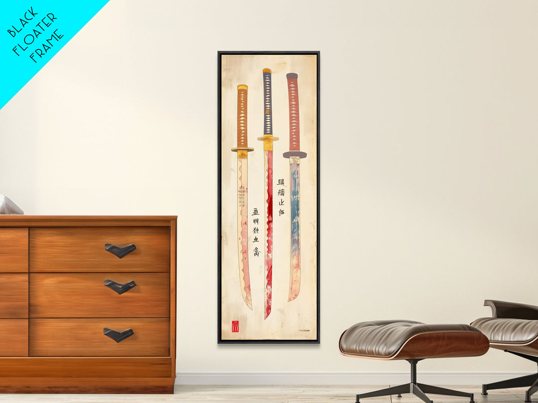 Three Ornate Samurai Swords Displayed Traditional Japanese Style On A Vintage Background Tall Framed Canvas Print Historical Decor