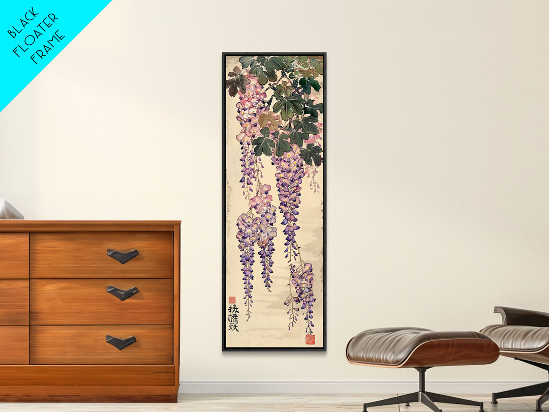 Wisteria Flowers Dangling Gracefully on a Textured Canvas Ukiyo-e Art Japanese Framed Canvas Print Skinny Tall Art