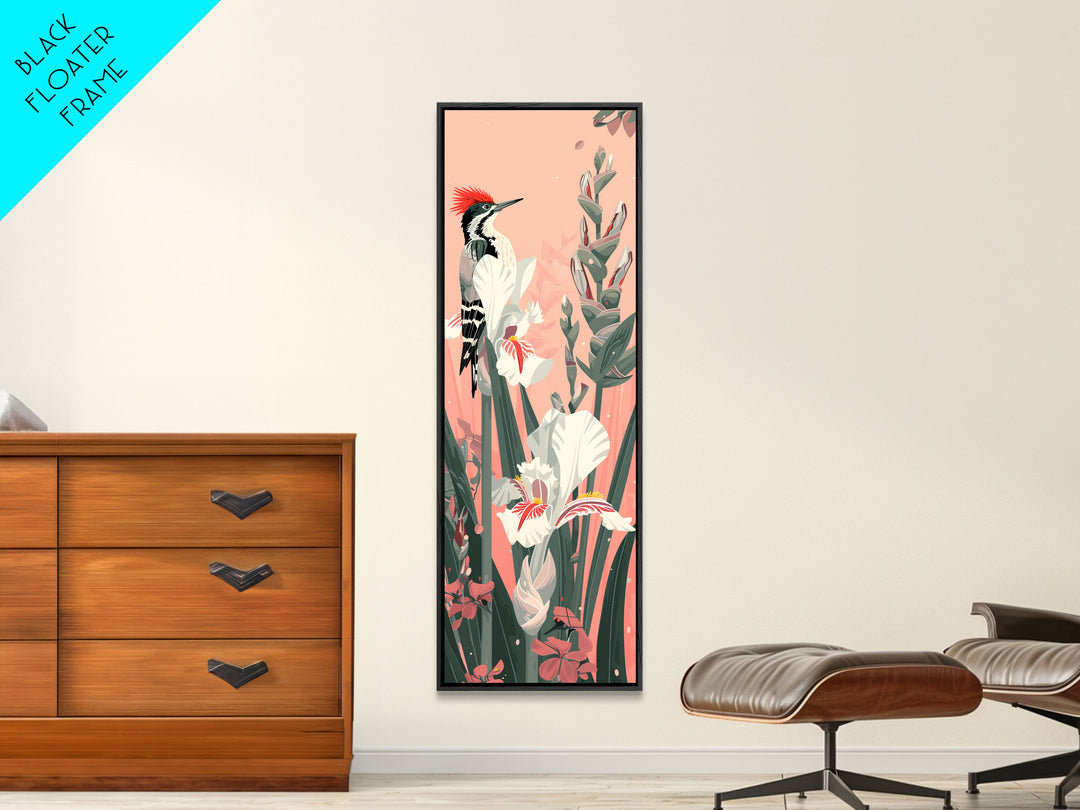 Woodpecker Perched on Stalks of Flowers against a Soft Pink Background Ukiyo-e Art Japanese Framed Canvas Print Skinny Tall Art