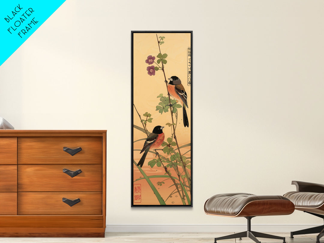 Tall Art, Skinny Art, Japanese Style Art, Birds On Branches Wood Block Print Framed Canvas Print Ukiyo-e Art