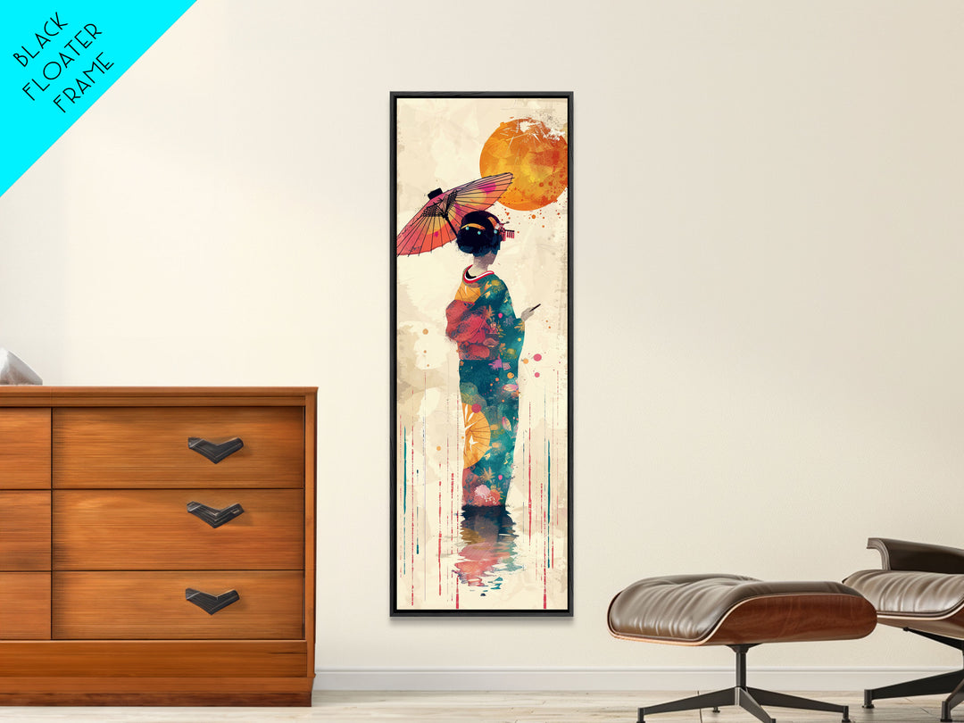 Ukiyo-e Art, Skinny Art, Tall Art, Japanese Style Art, Geisha With Umbrella Wood Block Print Framed Canvas Print