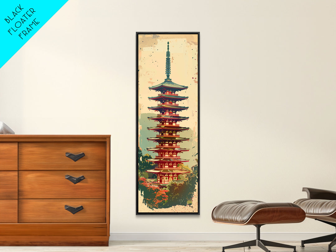 Tall Art, Skinny Art, Japanese Style Art, Pagoda Tower Wood Block Print Framed Canvas Print Ukiyo-e Art