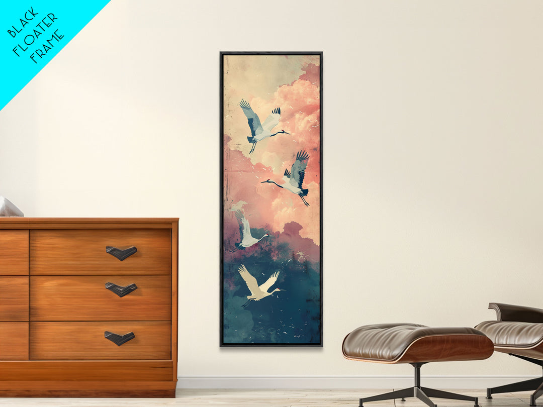 Ukiyo-e Art, Tall Art, Skinny Art, Japanese Style Art, Cranes In Flight Wood Block Print Framed Canvas Print