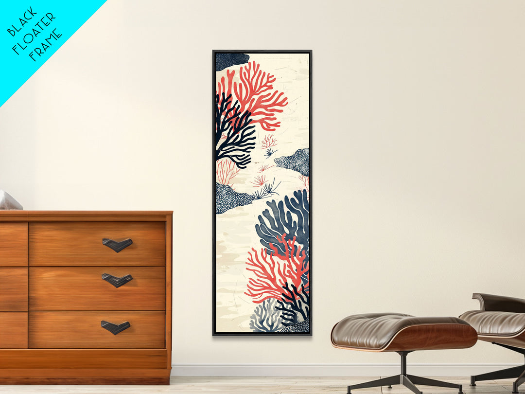 Skinny Art, Tall Art, Japanese Style Art, Coral Reef Wood Block Print Framed Canvas Print Ukiyo-e Art