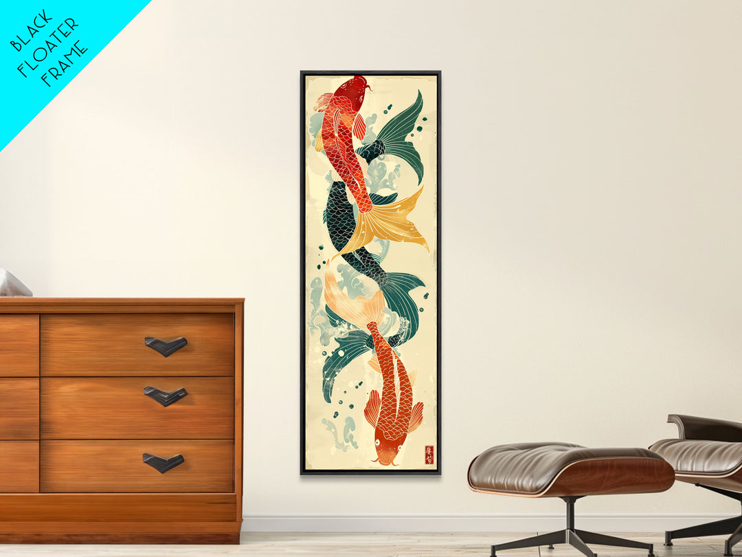 Ukiyo-e Art Of Two Koi Fish Intertwined In A Harmonious Composition, Skinny Art, Tall Art, Japanese Style Art, Wood Block Print, Framed Canvas Print