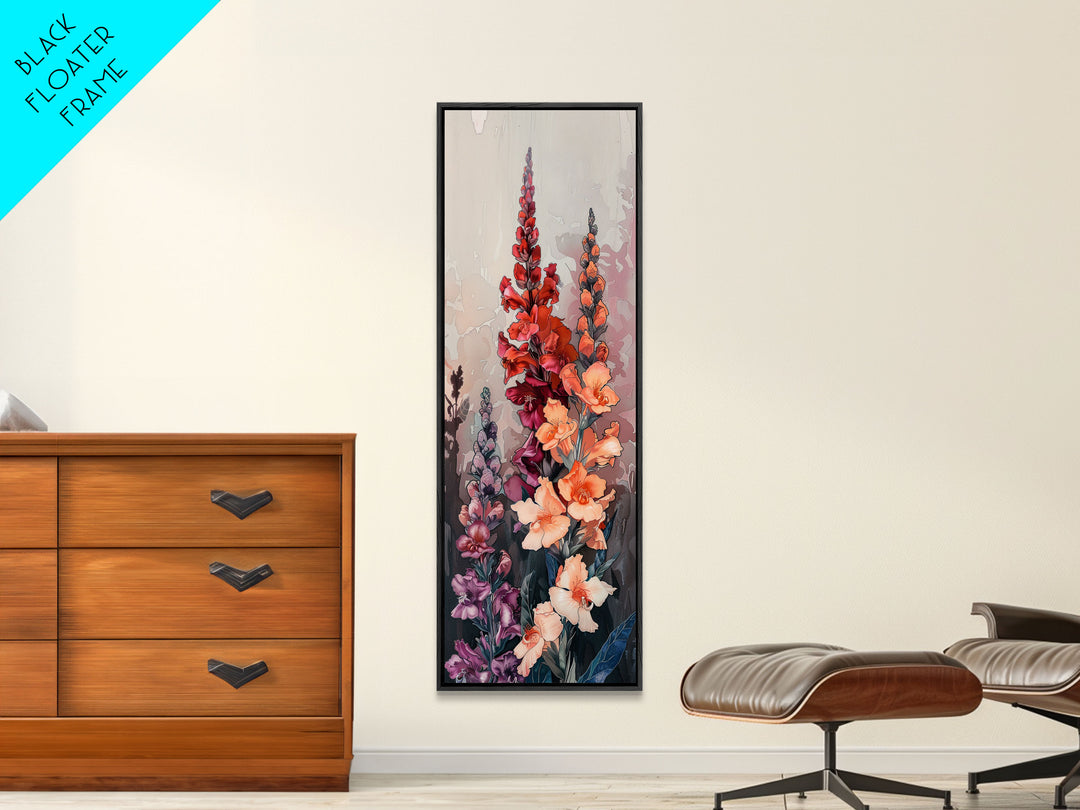 Wood Block Print Featuring Vibrant Gladiolus Flowers In A Dynamic Arrangement, Skinny Art, Tall Art, Japanese Style Art, Ukiyo-e Art, Framed Canvas Print