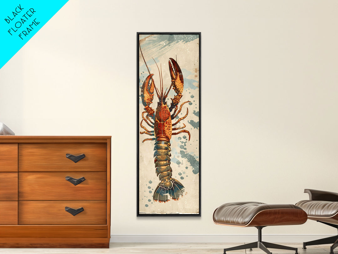 Ukiyo-e Art Of A Boldly Colored Lobster With Intricate Details, Skinny Art, Tall Art, Japanese Style Art, Framed Canvas Print, Wood Block Print