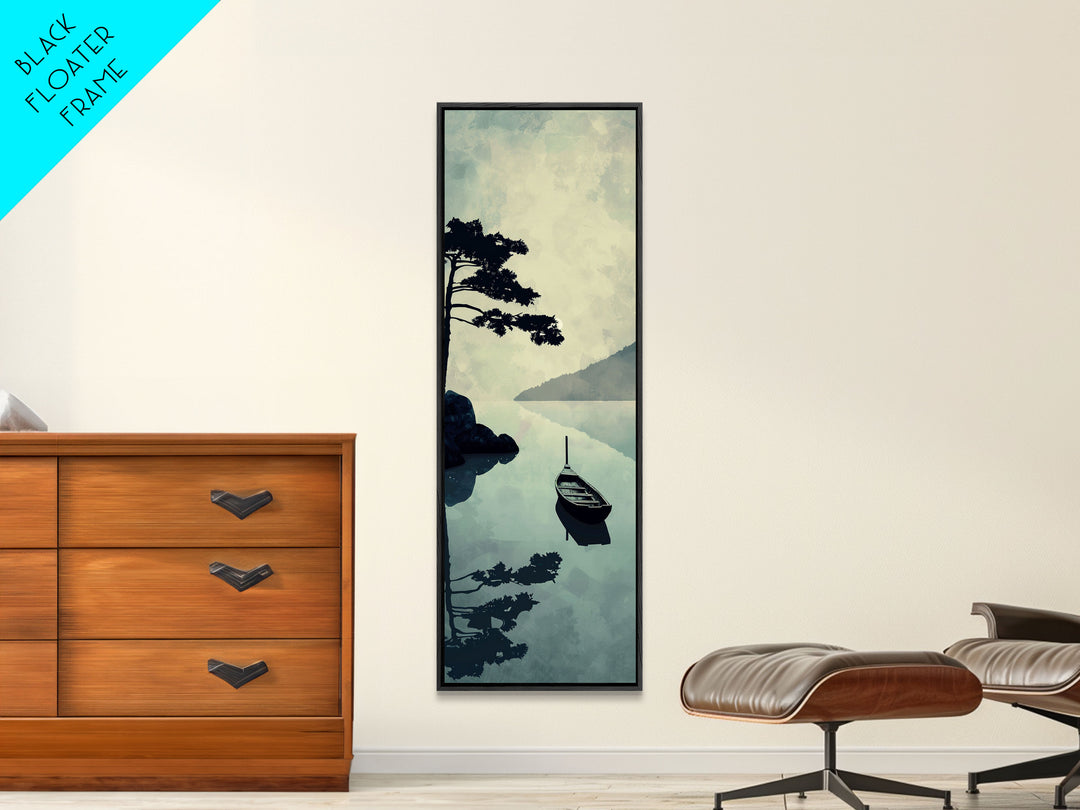 Skinny Art Tall Art Serene Lake Scene With Boat Wood Block Print Japanese Style Art Framed Canvas Print Calm Reflections On Still Water