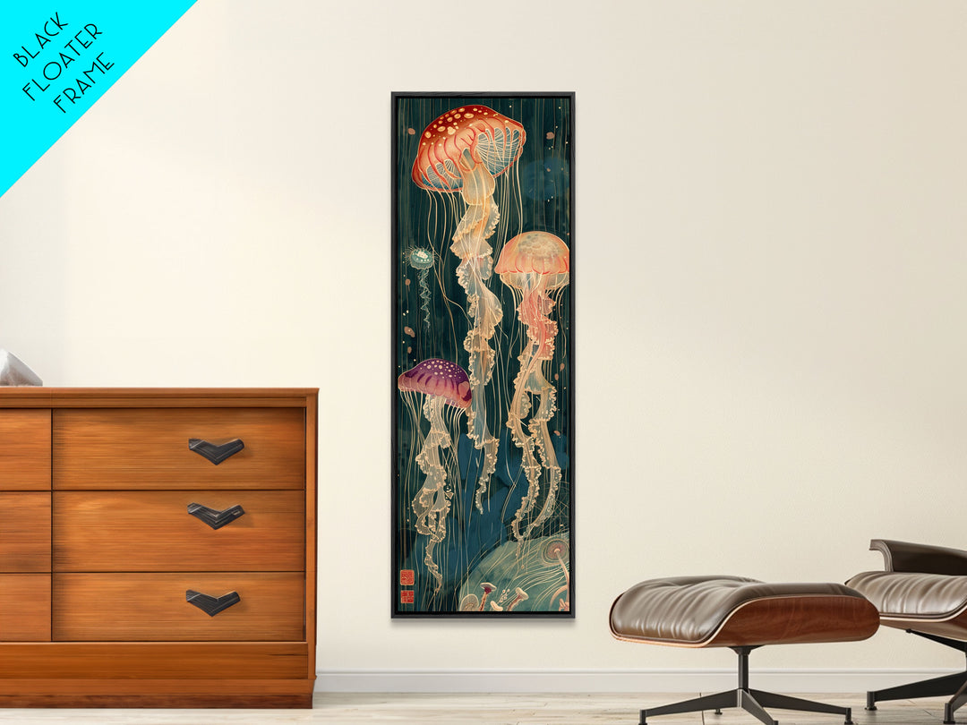 Skinny Art Tall Art Jellyfish Wood Block Print Japanese Style Art Captivating Underwater Scene Framed Canvas Print