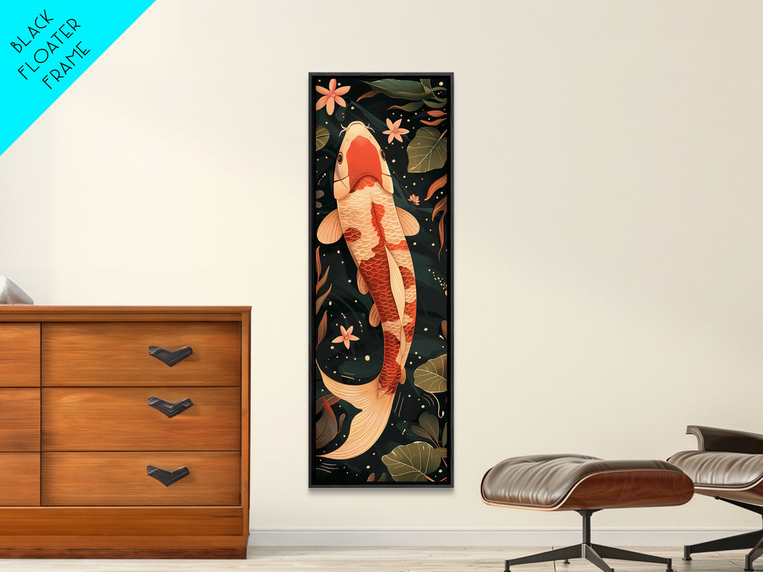 Skinny Art Tall Art Koi Fish Wood Block Print Japanese Style Art Swimming Among Lotus Flowers Framed Canvas Print