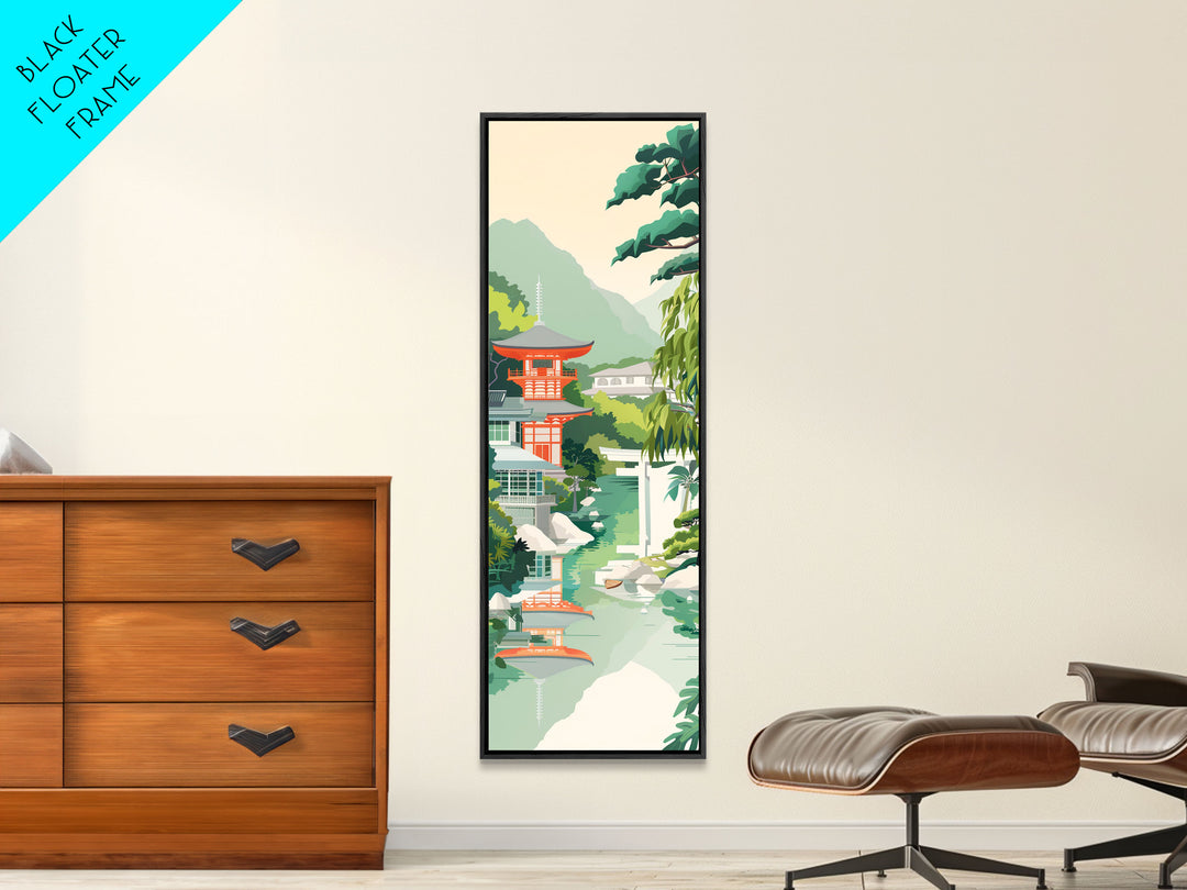 Skinny Art Tall Art Tranquil Japanese Garden Wood Block Print Japanese Style Art With Pagoda Reflected In Water Framed Canvas Print